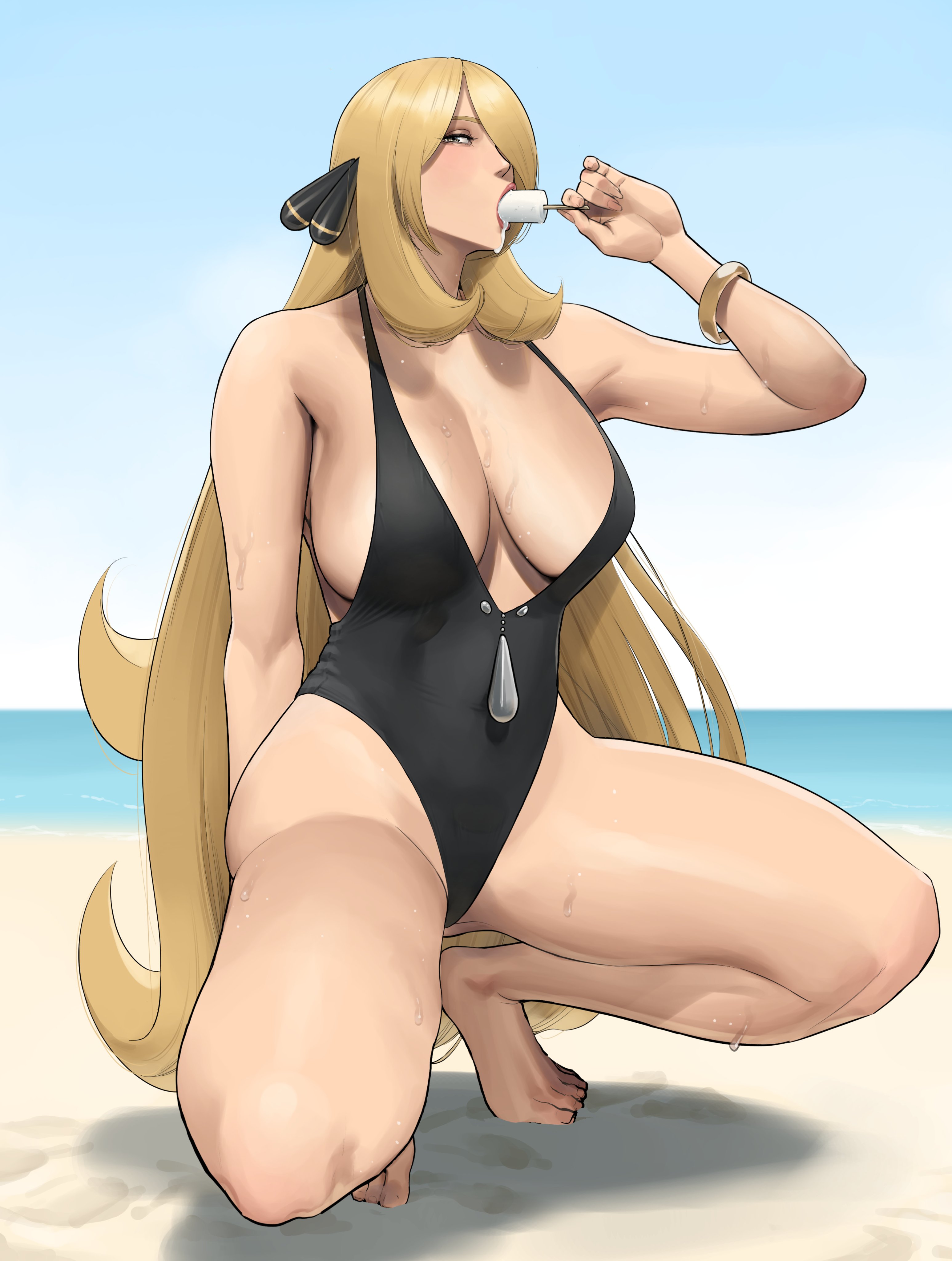 1girls, 2d (artwork), alternate outfit, beach, beautiful woman, blonde hair, breasts, busty, cleavage, cynthia (pokemon), feet, female, female only, game freak, hair over one eye, light skin, light-skinned female, looking at viewer, massive breasts, nintendo, one-piece swimsuit, outdoors, pokemon, pokemon dppt, popsicle, popsicle in mouth, solo, solo female, squatting, swimsuit, thick thighs, thighs, unbothered, wasabishouyu