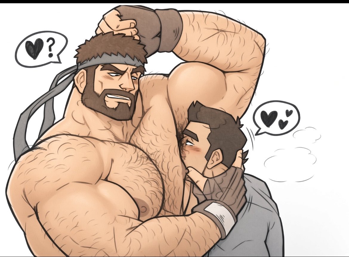 2boys, abs, armpit fetish, armpit hair, armpits, bara, big dom small sub, blush, body hair, brown hair, daddy, dilf, facial hair, gay, gay sex, hairy, hairy armpits, hairy chest, hairy male, horny, little mac, muscular, muscular male, pecs, pleasure face, punch out, punch-out!!, ryu (street fighter), smash bros, smell, sniffing, street fighter, street fighter 6, super smash bros., wolf con f, yaoi