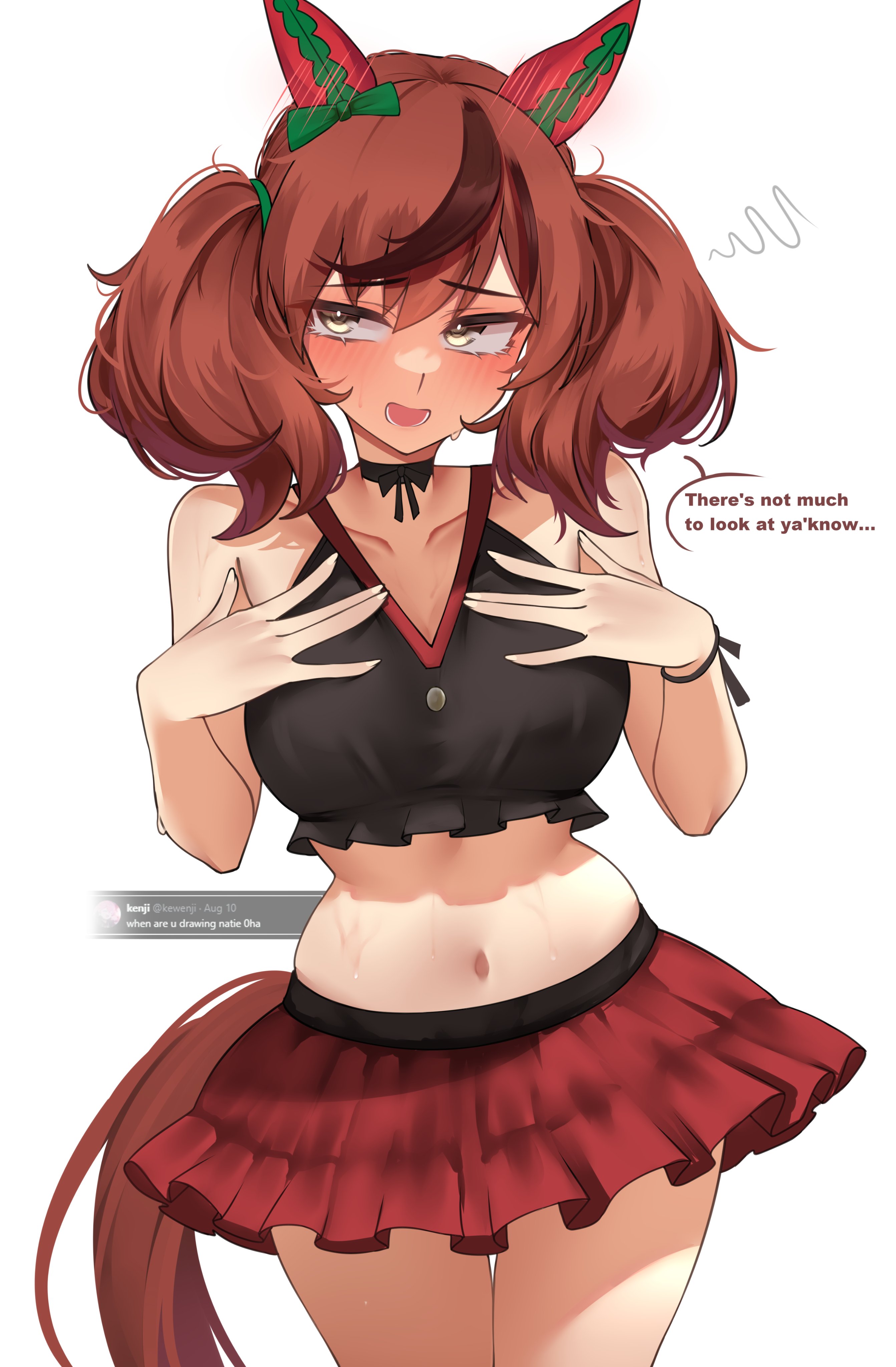 0ha, 1girl, alternate breast size, brown eyes, brown hair, crop top, horse ears, horse girl, horse tail, large breasts, long hair, looking at viewer, multicolored hair, navel, nice nature (umamusume), open mouth, solo, stomach, twintails, umamusume, umamusume pretty derby, xkittyzx