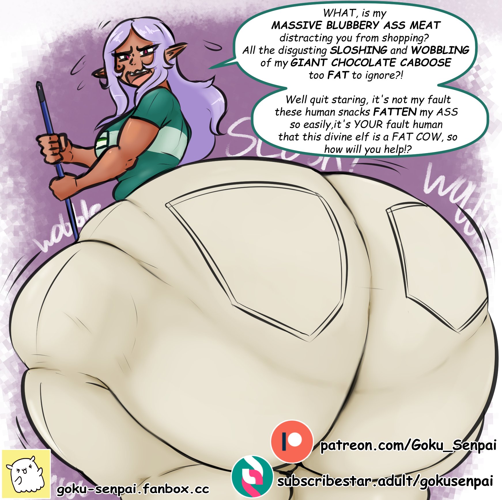 ass, ass size talk, big ass, bottomwear, dark skin, dark skinned female, elf, elf-san wa yaserarenai, female, gigantic ass, gokusenpai, huge ass, kuroeda, size talk, tagme, text