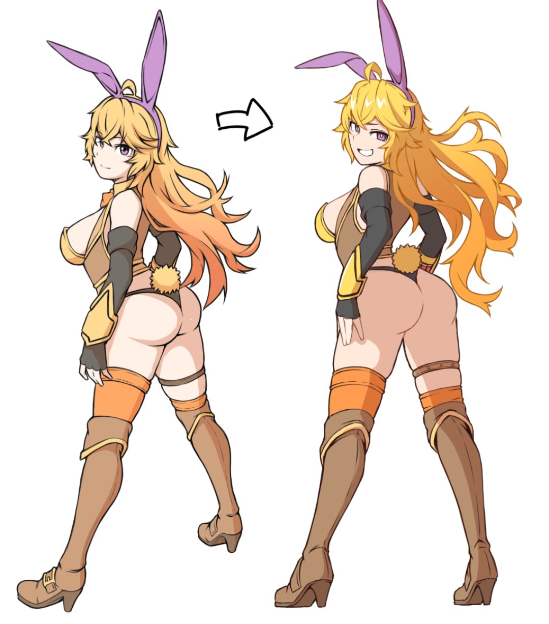 1girls, ass, ass focus, blonde female, blonde hair, half naked, half naked female, half-dressed, long hair, long hair female, mori kuro, purple eyes, rwby, solo female, yang xiao long