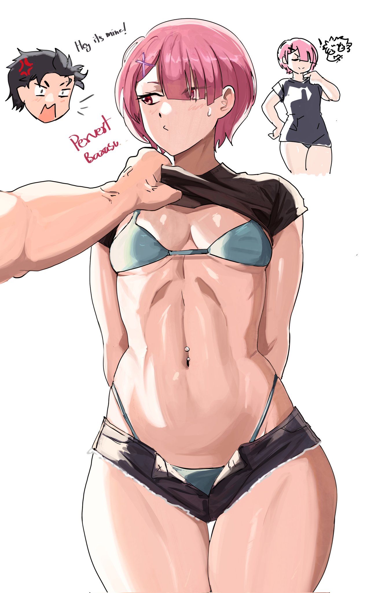 1boy, 1boy1girl, 1girls, akihitoevon, belly, belly button, black clothing, black hair, bra, breasts, brown eyes, female, lifting clothing, lifting shirt, male, natsuki subaru, pink eyes, pink hair, pulling up shirt, ram (re:zero), re:zero kara hajimeru isekai seikatsu, tight clothes, tight shorts, underwear, visible bra, visible underwear