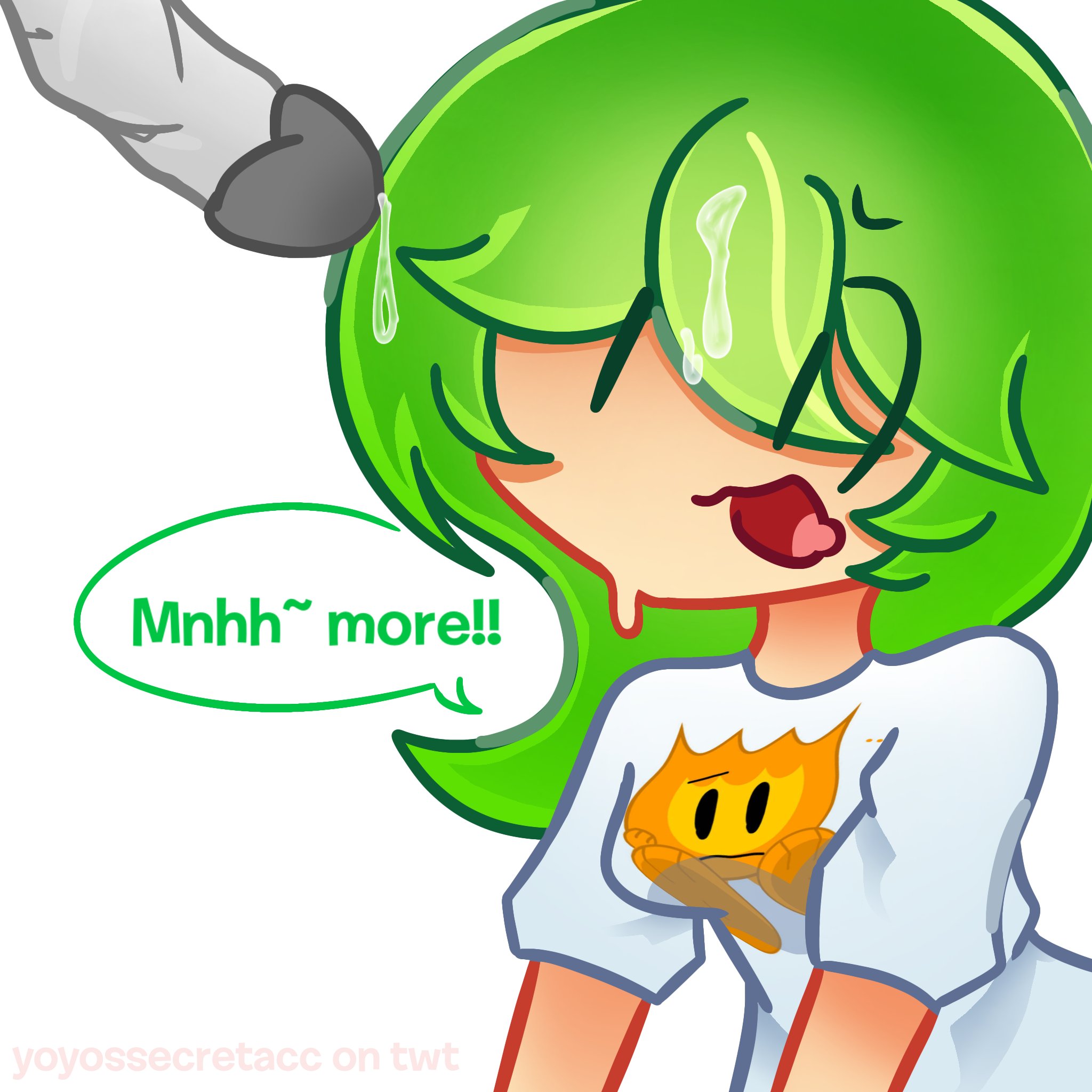 1boy, 1girls, after fellatio, after oral, battle for dream island, bfdi, clothed, clothed female, clothed female nude male, firey (bfdi), gijinka, humanized, humanized object show, jacknjellify, jnj, leafy (bfdi), object show, object shows