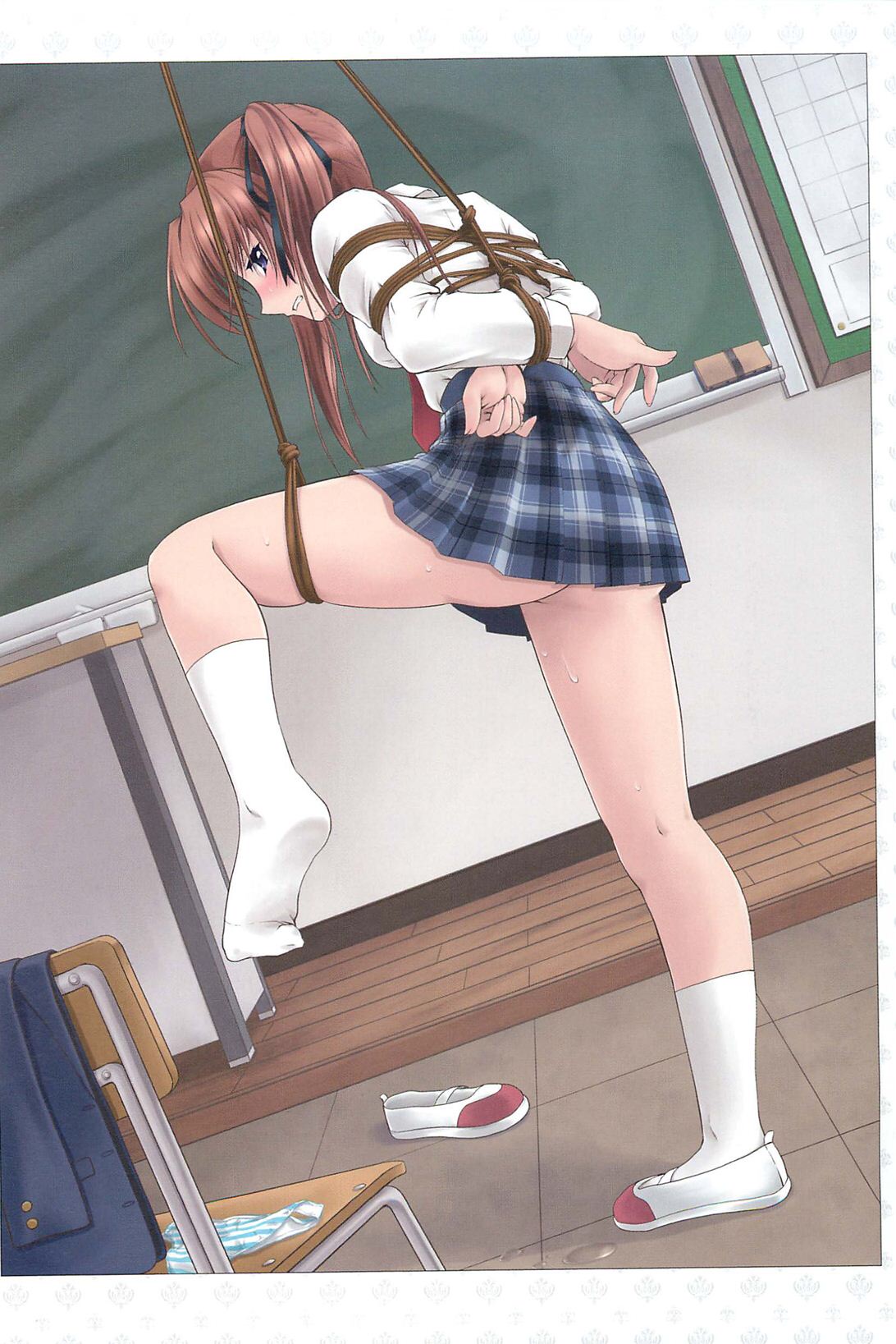 1girls, arms behind back, artist request, bondage, bound, classroom, female, female focus, female only, illustration unknown company, in school, looking back, looking back at viewer, one leg on ground, one leg raised, one leg up, rope, rope bondage, school, school uniform, schoolgirl, standing on one leg, suspension, suspension bondage, sweat, tagme, uwabaki