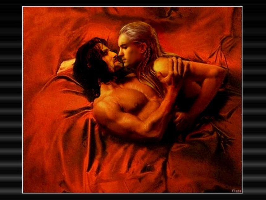 2boys aragorn artist_request blanket blonde_hair brown_hair color elf erect_nipples eye_contact facial_hair gay human imminent_kiss interspecies legolas long_hair looking_at_partner lord_of_the_rings male male_only middle_earth multiple_males pecs tagme yaoi