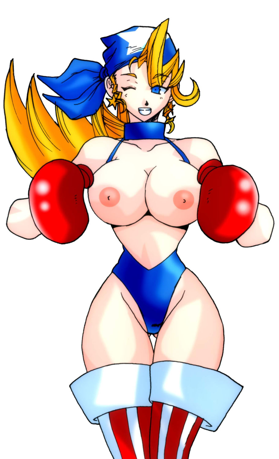 1girls antenna_hair bandana big_breasts blonde_hair blue_eyes boxing_gloves breasts capcom clothing curvy earrings eyebrows_visible_through_hair eyes_visible_through_hair female female_only front_view gloves light-skinned_female light_skin looking_at_viewer nipples one_eye_closed pointy_chin red_boxing_gloves red_gloves rival_schools sergevirusx solo star_earrings stockings teeth thick thick_thighs thighhighs thighs tiffany_lords topless wide_hips wink