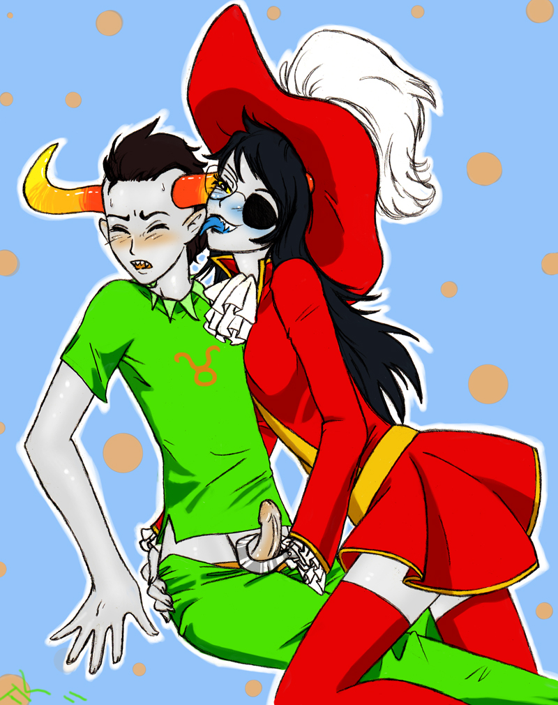 1boy 1girls black_hair blue_background captain_hook_(cosplay) closed_eyes clothing cosplay eye_patch glasses grey_skin handjob hat homestuck hook horns licking long_hair ms_paint_adventures open_mouth pants_down penis peter_pan_(disney) pointy_ears sharp_teeth short_hair straight tavros_nitram tongue_out troll vriska_serket webcomic yellow_eyes