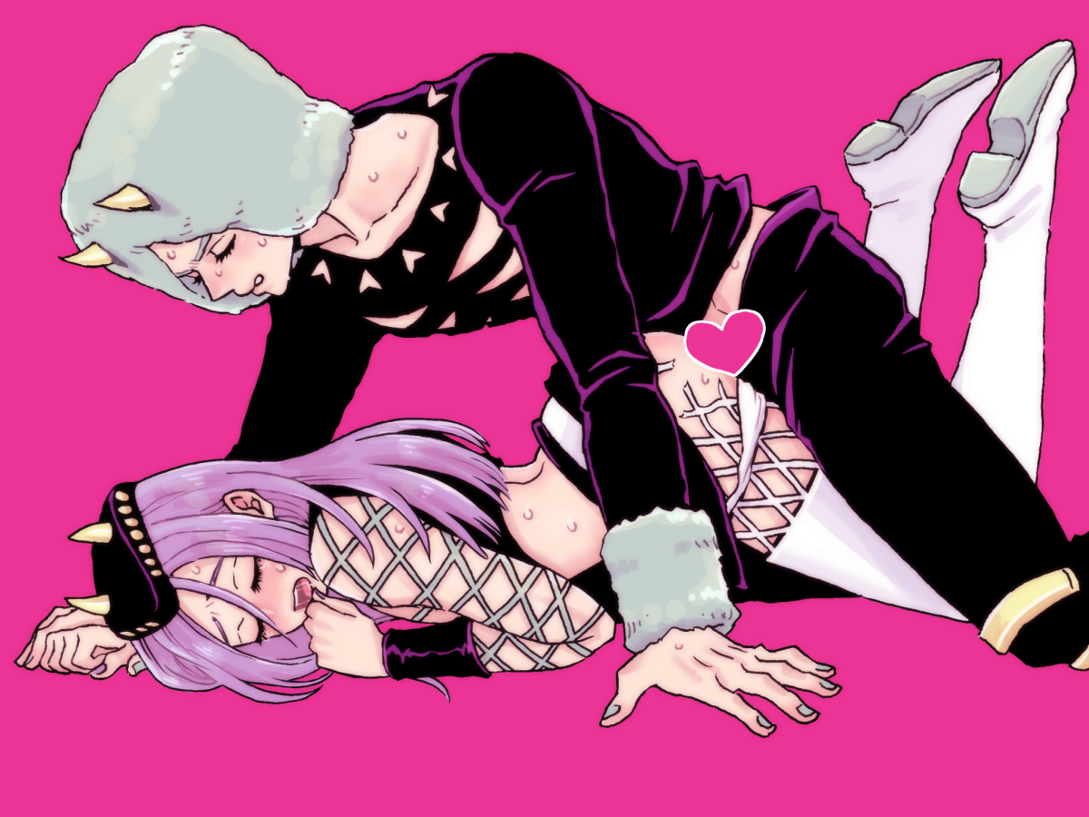 2boys, anal, boots, censored, closed eyes, clothed, fishnet legwear, fishnet shirt, fishnets, horns, jojo's bizarre adventure, long hair, male, male only, midriff, narciso anasui, stone ocean, thigh boots, thighhighs, torn clothes, weather report, white boots, yaoi