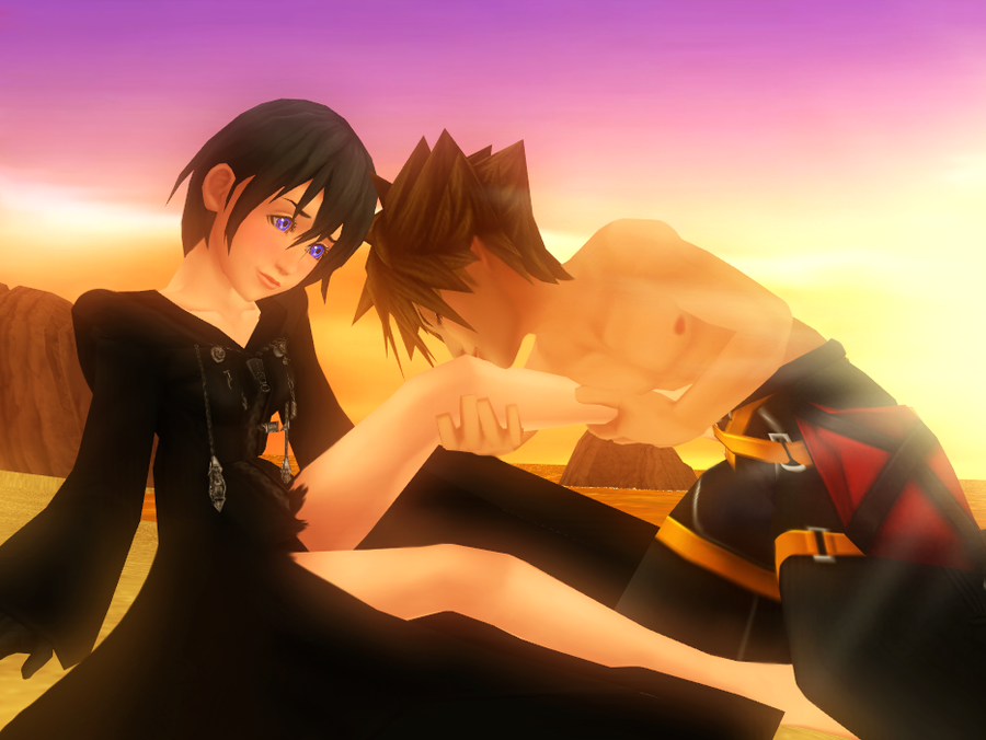 bare_legs black_coat clothing coat disney female kingdom_hearts kissing kissing_leg leg_kiss male outerwear sora square_enix straight tagme xion