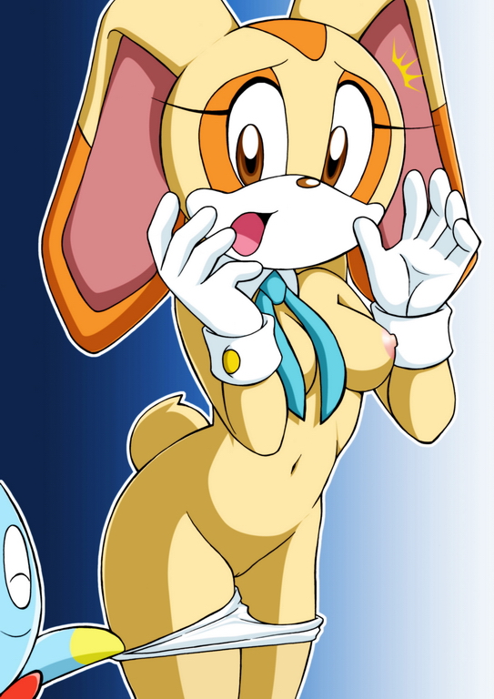 breasts chao_(sonic) cheese_the_chao clothes cream_the_rabbit female furry interspecies mammal nagano_tenzen nude panties rabbit sega size_difference small_breasts sonic_(series) standing straight_hair tagme tail tenzen topless underwear