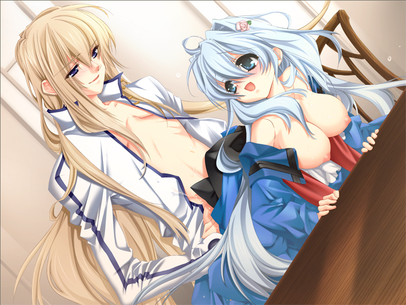 ahoge ashe_(under_the_moon) bent_over bishonen blonde_hair blue_eyes blush breasts cg chair clothes couple doggy_style dutch_angle exposed_shoulders eye_contact female flower game_cg hair hair_flower hair_ornament hanging_breasts happy_sex large_breasts long_hair looking_at_another looking_back nipples off_shoulder open_clothes open_mouth open_shirt rose sex shirt silver_hair single_vertical_stripe smile table torso_grab toujou_sakana unan under_the_moon very_long_hair