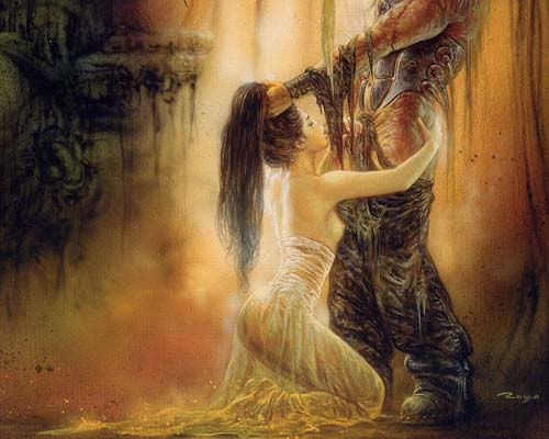 black_hair fellatio hair hair_grab hair_pull kneeling long_hair luis_royo oral slave topless very_long_hair