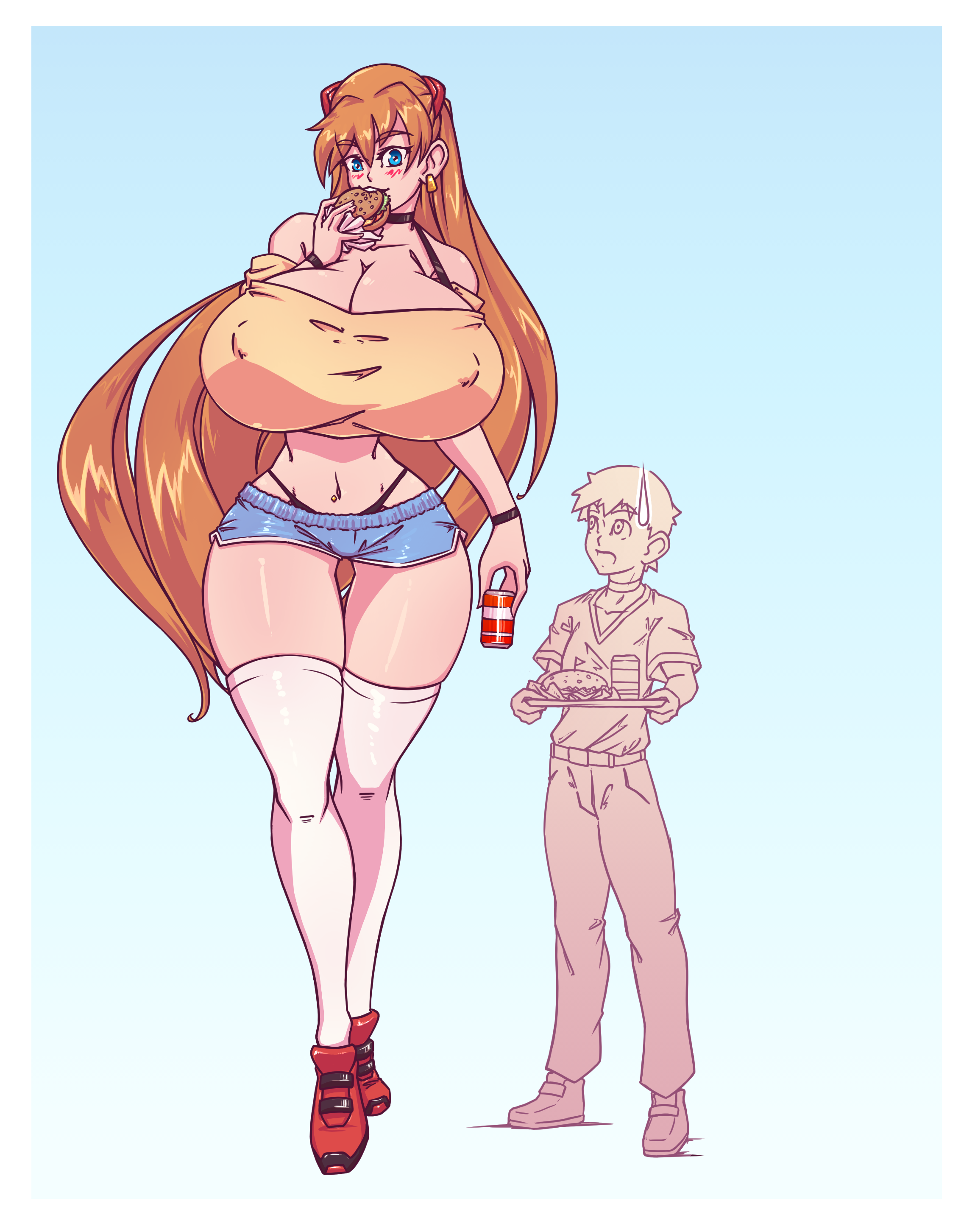 1boy, 1girls, alternate body type, alternate breast size, asuka langley sohryu, big breasts, blue eyes, blush, breasts, burger, choker, cleavage, clothing, color, curvy, eating, eating burger, eating food, erect nipples, erect nipples under clothes, eyebrows visible through hair, female, food, giantess, height difference, holding, holding burger, holding food, holding object, huge breasts, large breasts, large female, larger female, long hair, looking at viewer, male, mini giantess, n647, neon genesis evangelion, nipple bulge, nipples, nipples visible through clothing, orange hair, panties, shinji ikari, shirt, shorts, size comparison, size difference, smaller male, smile, smiling, soda, stockings, surprised, tall, tall female, taller female, thick thighs, thigh gap, thighhighs, thin waist, very long hair, voluptuous, wide hips