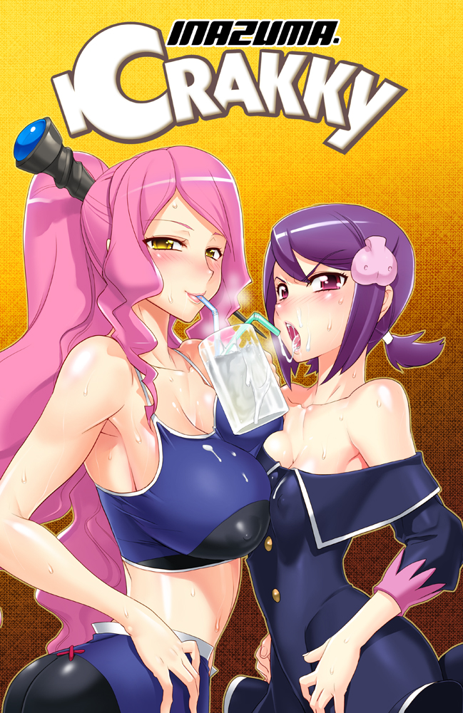 angry armpits ass asymmetrical_docking bare_shoulders battle_spirits battle_spirits:_shounen_gekiha_dan battle_spirits_shonen_gekiha_dan blush breast_press breasts cleavage clothing cover crop_top cum cum_drinking cum_in_container dress drink drinking erect_nipples female gokkun hair_ornament hand_on_hip hands_on_hips hips inazuma large_breasts lipstick long_breasts looking_at_viewer magisa makeup messy midriff multiple_girls nipples off_shoulder open_mouth pink_hair ponytail purple_eyes purple_hair satou_shouji sexually_suggestive short_hair short_twintails smile straw sweat symmetrical_docking tied_hair tongue twintails viole_mai yellow_eyes yuri