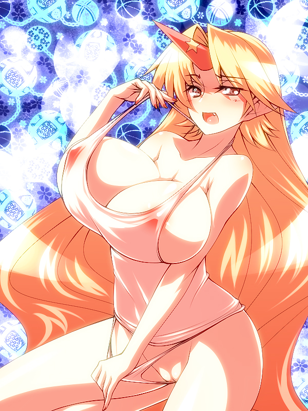 blonde_hair breasts camisole horn horns hoshiguma_yuugi huge_breasts lingerie long_hair naughty_face panties pointy_ears pussy red_eyes ria touhou tro uncensored underwear white_panties