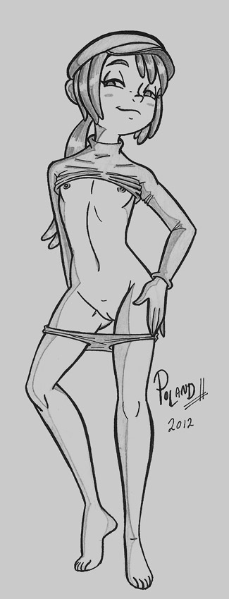 2012 flat_chest hat iris_(my_giant_friend) linus_et_boom monochrome my_giant_friend newsboy_cap no_bra panties_around_leg panties_down poland_(artist) ponytail shirt_up sketch slight_blush smug traditional_media_(artwork)