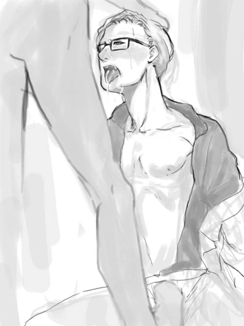 after_fellatio after_oral arcade_gannon arms_behind_back black_and_white catching_cum chest_exposed cum_in_mouth cum_on_face cumshot digital_drawing_(artwork) fallout fallout_new_vegas gay glasses male/male monochrome mouth_open naked questionable_consent simple_background simple_shading stepping_on_penis sweating tongue_out