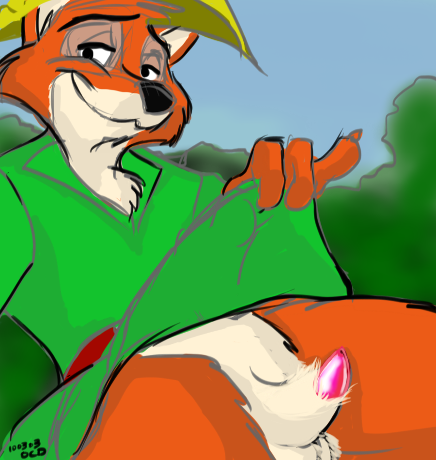 anthro canine clothes day disney draconis fox fur furry male male_only outdoors penis robin_hood_(character) robin_hood_(disney) rough_sketch smile solo tagme