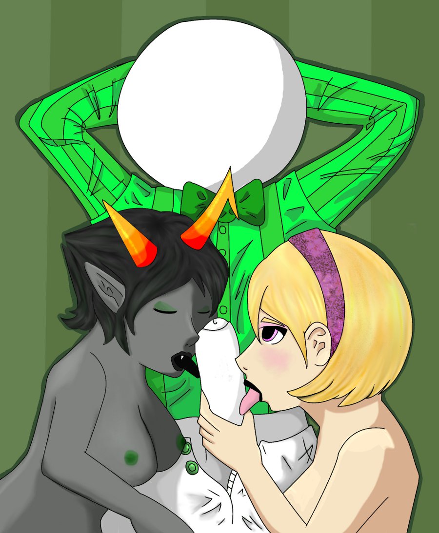 1boy 2girls black_hair black_lips black_lipstick blonde_hair breasts clothing doc_scratch fangs green_background green_nipples grey_skin hairband homestuck horns kanaya_maryam licking_penis ms_paint_adventures naked nipples no_face open_mouth penis pink_eyes rose_lalonde short_hair white_skin