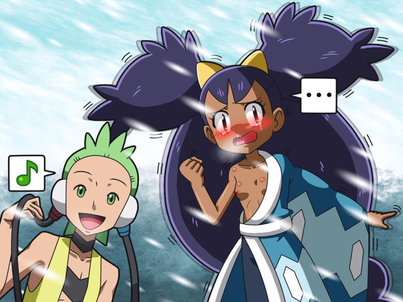 breasts cilan_(pokemon) color cosplay crossplay day female front_view gym_leader_(cosplay) iris_(pokemon) male nipples outdoors pokemon pokemon_bw rorretsim standing tagme