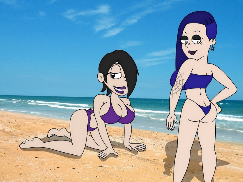 2girls all_fours american_dad beach bikini black_hair blue_bikini carrie_roseburg darkyamatoman duo goth monster_madness multiple_girls outdoors pandora_(american_dad) purple_bikini seaside tagme