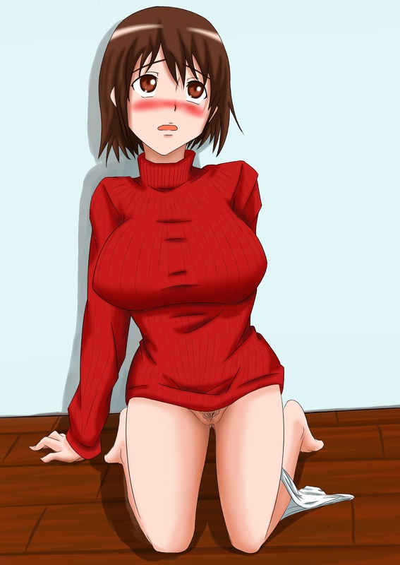 bottomless breasts igatto large_breasts misaki_nakahara nhk_ni_youkoso! panties_around_leg pointy_chin pubic_hair sweater tagme welcome_to_the_nhk