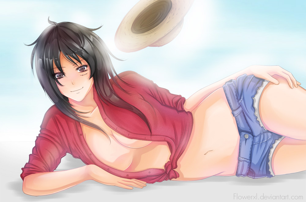 1girls arms belly black_eyes black_hair blue_shorts blue_sky breasts brown_eyes chest cleavage clouds elbow eyebrows eyelashes female female_only fingers flowerxl ground hand_on_hip hand_on_thigh hands looking_at_viewer luffyko lying_on_side monkey_d_luffy navel one_piece open_clothes open_shirt red_shirt rule_63 scar shirt shorts shoulders sky smile solo straw_hat thick_thighs thighs voluptuous wide_hips