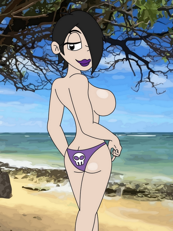 1girls black_hair breasts carrie_roseburg darkyamatoman goth hair_over_one_eye lipstick looking_back monster_madness mostly_nude outdoors purple_lipstick solo solo_female tagme topless