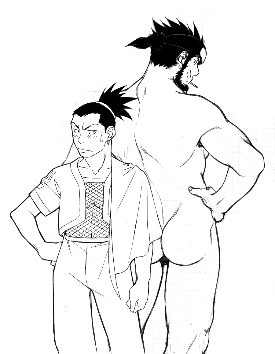 2boys ass back-to-back clothed clothed_male_nude_male human line_art male male_only masanori_danshi monochrome multiple_males naked nara_shikamaru naruto sarutobi_asuma simple_background tagme white_background