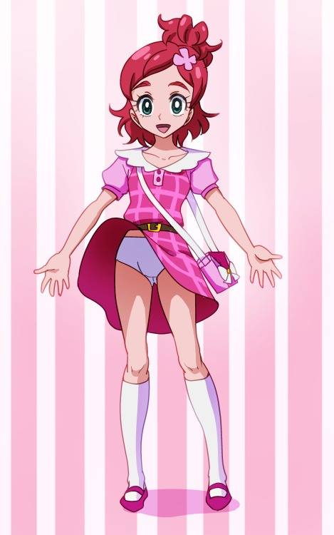 clothing dress dress_lift go!_princess_precure green_eyes haruno_haruka mont_blanc_(heartcatch_ayaya) panties pink_hair precure pretty_cure smile