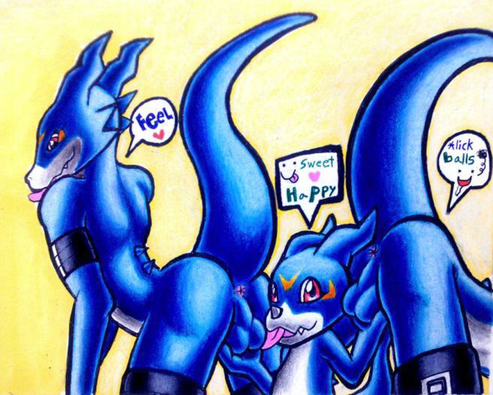 anus armband ass bent_over blue_skin caressing_testicles color digimon fangs flamedramon gay interspecies licking licking_testicles male male_only multiple_males nude open_mouth pink_eyes raised_tail size_difference speech_bubble tail testicles tmdduq6918 tongue tongue_out veemon white_skin yaoi