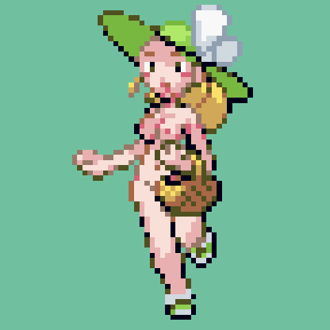 1girls basket blonde_hair breasts dodododo female green_background hat lady_(pokemon) lady_(pokemon_rse) nintendo nipples npc_trainer nude pixel_art pokemon pokemon_rse shoes simple_background solo sprite