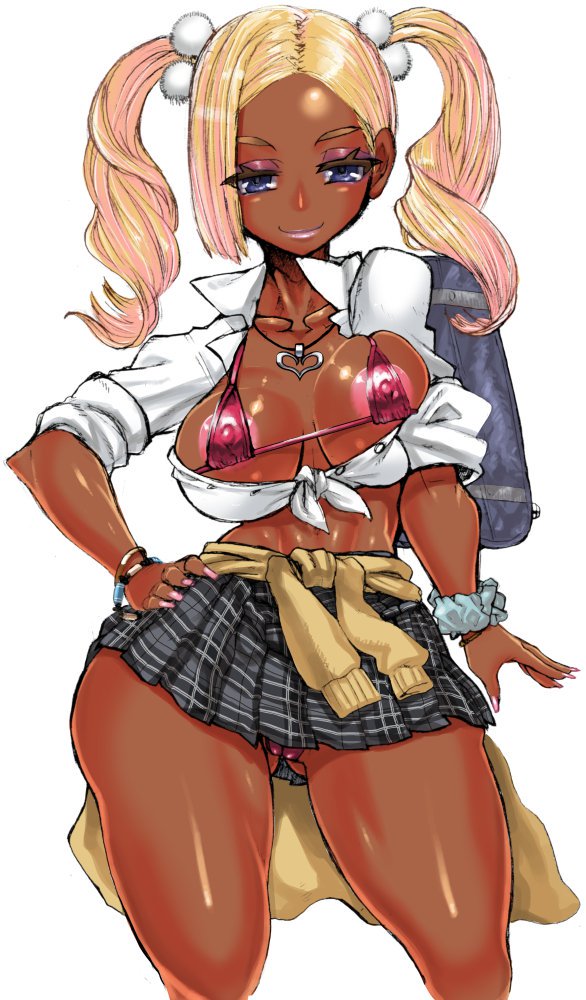 big breasts, black skin, blonde hair, blue eyes, breasts, female, ganguro, gyaru, looking at viewer, minami aomori, necklace, revealing clothes, school uniform, skirt