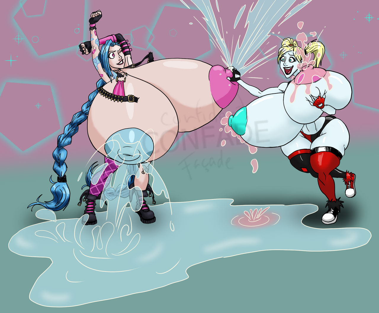 2girls, batman (series), big breasts, blue hair, breast expansion, breast grab, breast growth, breast growth (enlargement), breast hold, breast lift, breast squeeze, breasts, confade, crossover, crossover pairing, dc, dc comics, death battle, enormous breasts, excessive lactation, expansion, female, female only, gigantic breasts, harley quinn, huge breasts, huge nipples, hyper breasts, jinx (league of legends), lactation, large areolae, league of legends, long hair, nipple grab, puffy nipples, thick thighs, thighhighs, unusual lactation