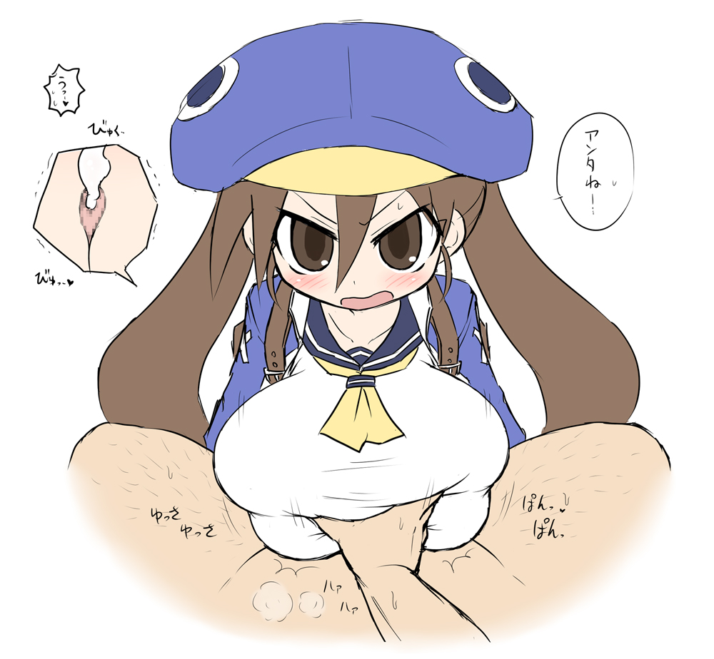 1boy 1girls ascot breast_squeeze brown_eyes brown_hair cap clothed_paizuri cum cum_between_breasts disgaea disgaea_4 fuka_kazamatsuri hairy_legs jacket kakuretenai paizuri penis penis_between_breasts serafuku twintails