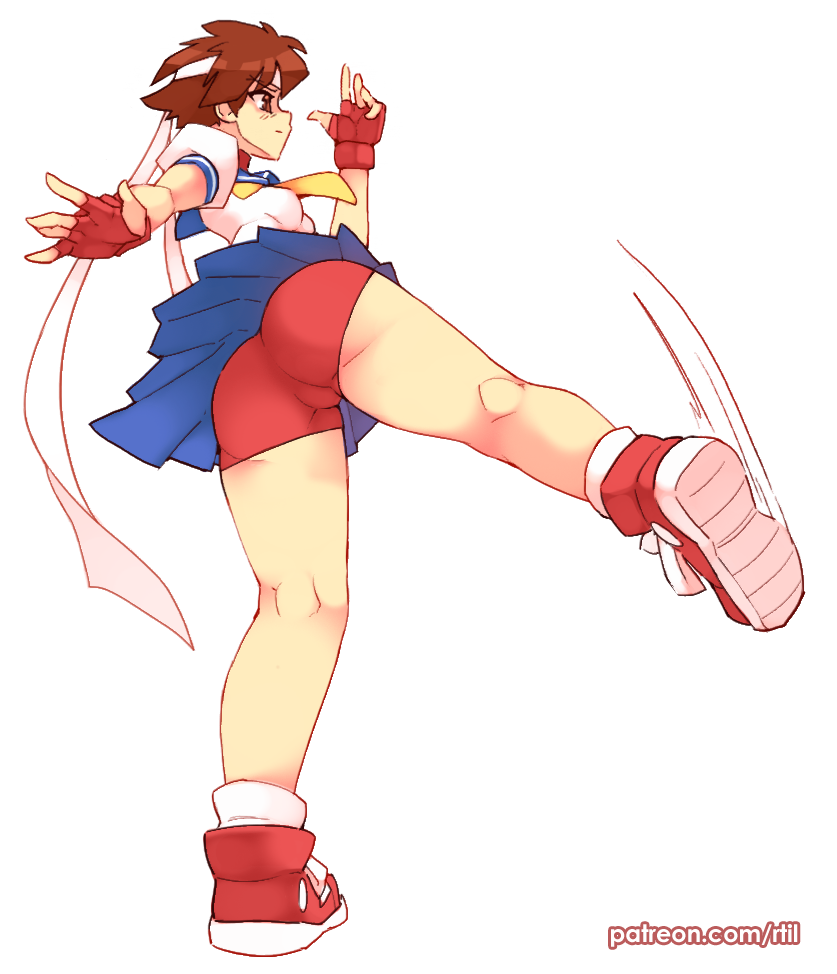 1girls ass brown_eyes brown_hair clothing female female_only footwear handwear human rtil sakura_kasugano shorts shortshorts standing street_fighter tagme thighs tomboy upskirt