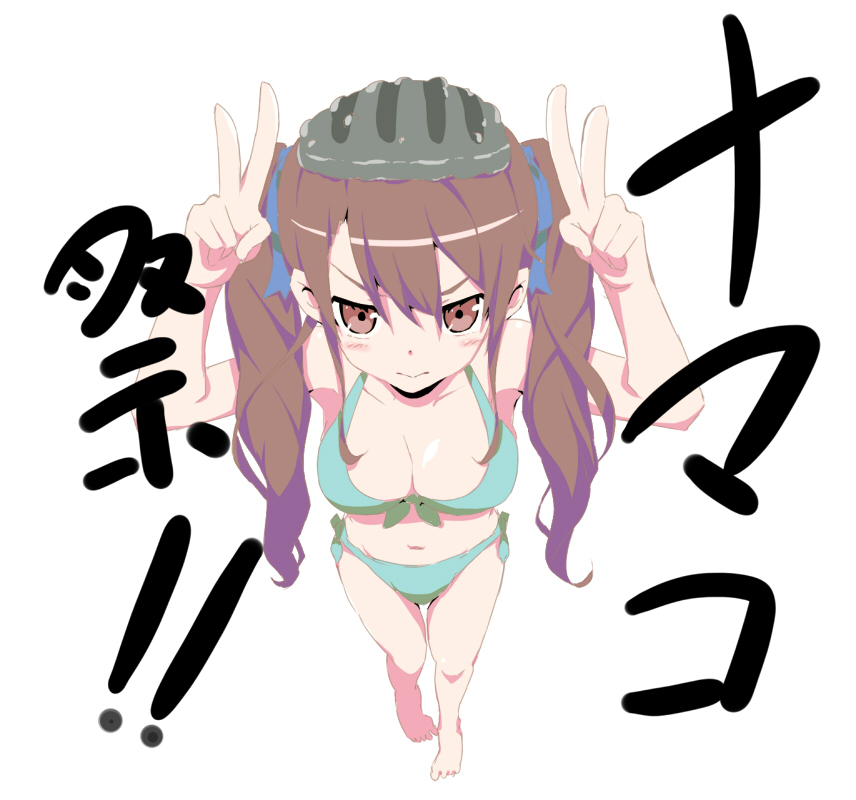 1girls another barefoot bicycle_helmet bikini biting_lip blue_ribbon brown_eyes brown_hair double_ponytail double_v frown izumi_akazawa japanese_text light_skin peace_sign pointy_chin purin_a_la_mode side_ponytail swimsuit tagme