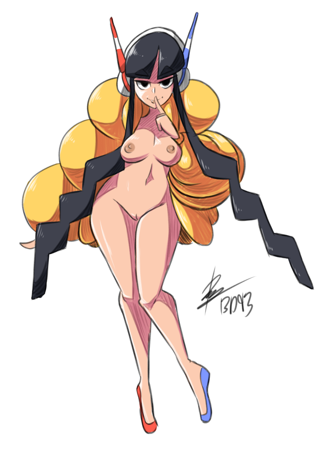 bad_id bigdeadalive black_eyes black_hair breasts elesa_(pokemon) elesa_(pokemon_bw2) female finger_to_mouth fur_coat gym_leader headphones long_hair looking_at_viewer mismatched_footwear naked_footwear naked_shoes navel nintendo nipples nude pokemon pokemon_bw2 pussy shoes simple_background sketch smile solo standing teasing tied_hair twintails white_background