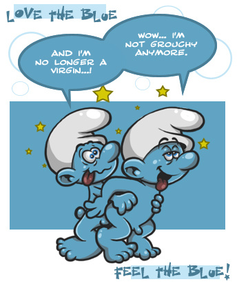 2boys anal_penetration anal_sex blue_eyes blue_skin breaking_news cap ekuhvielle erection first_time from_behind_position grouchy_smurf half-closed_eyes male_only mouth_open nude pleasure_face small_penis speech_bubbles standing_sex stars tagme tail the_smurfs tongue_out virgin_smurf wide_eyed