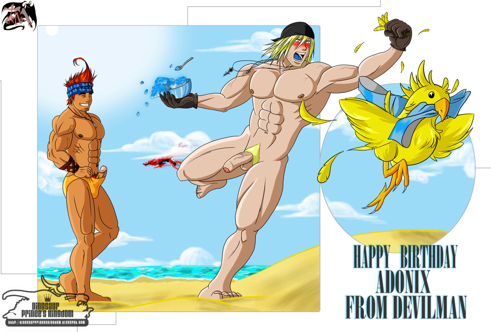 2boys chocobo devilman_(artist) erection_under_speedo final_fantasy final_fantasy_x final_fantasy_xiii male_only snow_villiers stolen_clothes stolen_speedo uncut wakka yaoi