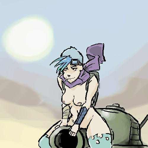 1girls battle_tank blue_hair breasts cigarette day daytime desert female goggles_on_head navel nipples nude nude_female outdoor_nudity pixel rebecca_buck scarf short_hair small_breasts smoking solo straddling tagme tank tank_girl