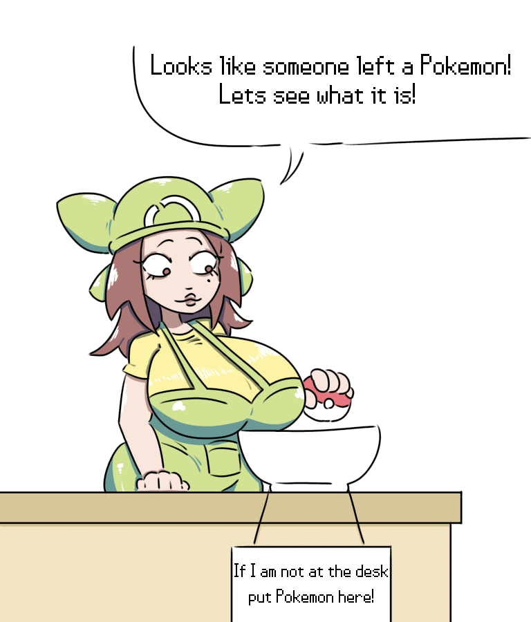 1girls beauty_mark brown_hair clothed clothing english_text female fully_clothed huge_breasts human milkbuni overalls pokemon pokemon_breeder_(pokemon) pokemon_breeder_(pokemon_xy) pokemon_breeder_katie_(milkbuni) pokemon_xy text wide_hips