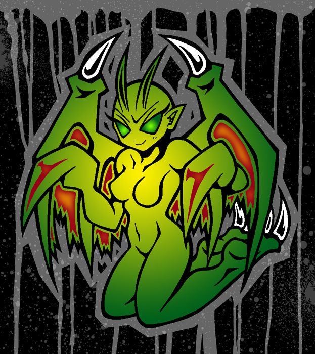 2_toes appricot_village breasts claws demon featureless_breasts featureless_eyes female female_only full_body glowing_eyes green_eyes green_skin huge_eyes kneeling looking_at_viewer marukka medium_breasts nude outline pointy_ears pose smile solo tagme thrill_kill wings