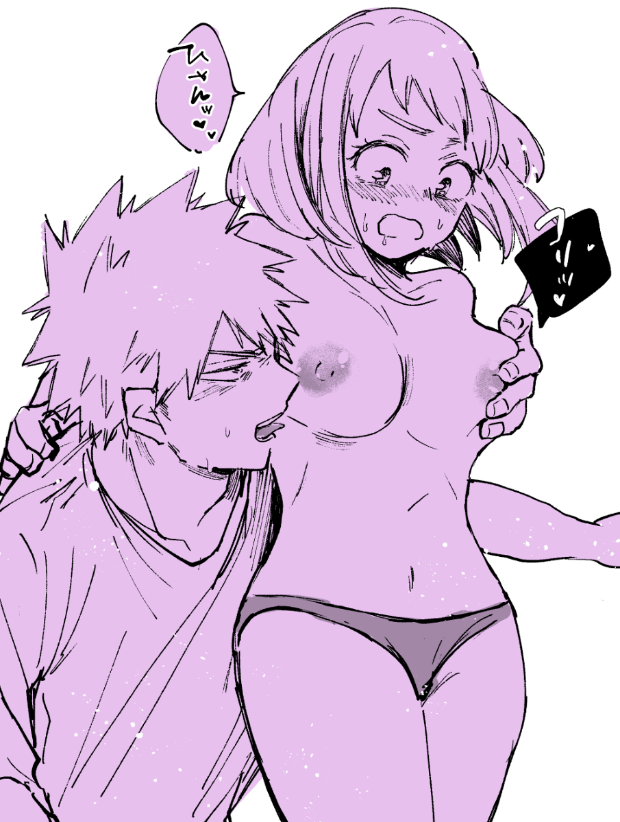 1boy, 1girls, breast grab, breasts, embarrassed, female, katsuki bakugou, male, my hero academia, nipples, ochako uraraka, panties, straight, tongue, tongue out, topless