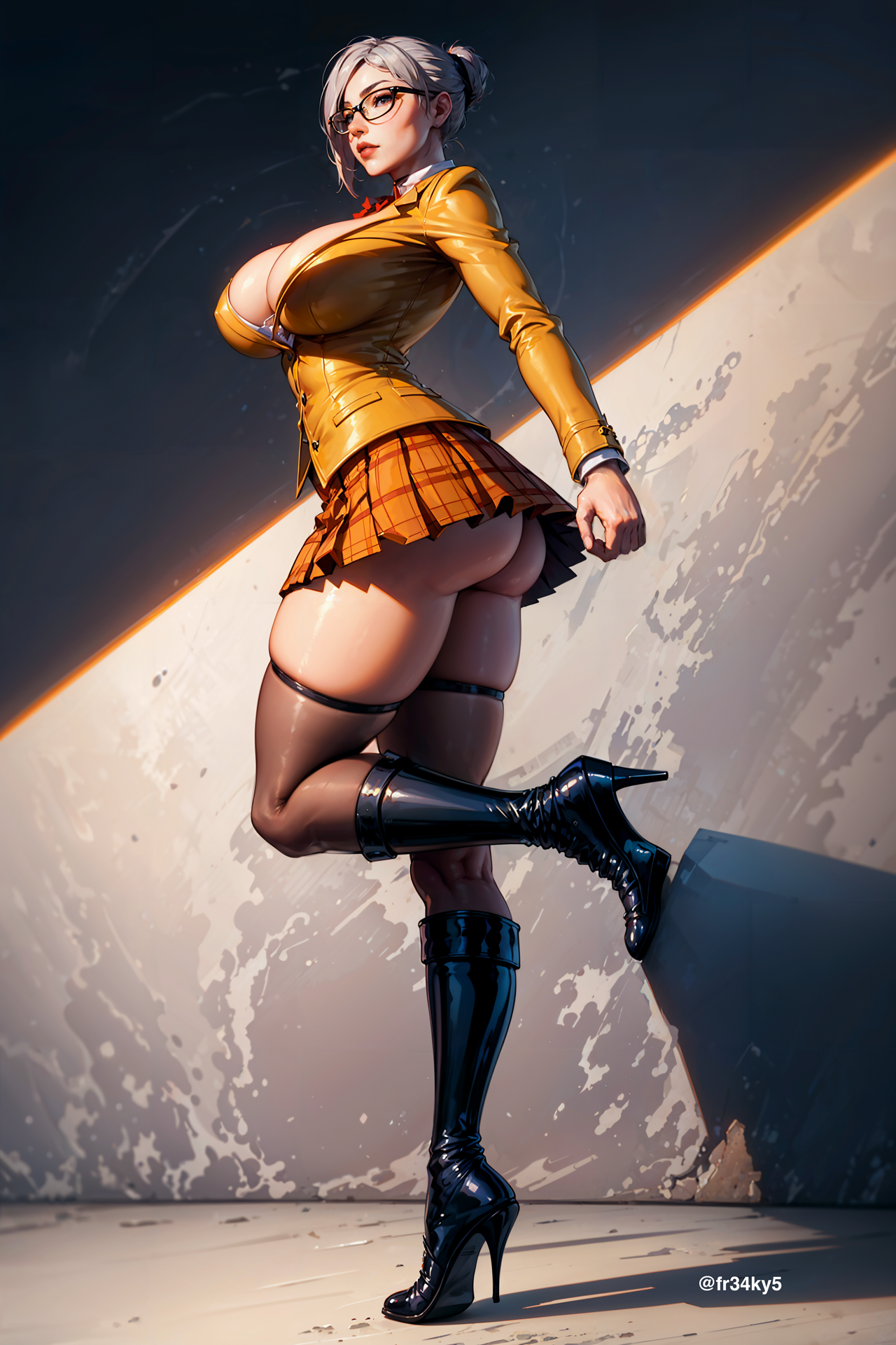 ai generated, big breasts, boots, breasts, female, fr34ky, grey hair, heels, high heel boots, high heels, plaid skirt, prison school, school uniform, shiraki meiko, silver hair, skirt, teacher, uniform, white hair