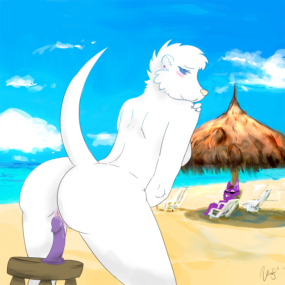 anthro ass beach dildo female looking_at_viewer looking_back nude otter pussy seaside sex_toy voyeur white_fur wooferwoof