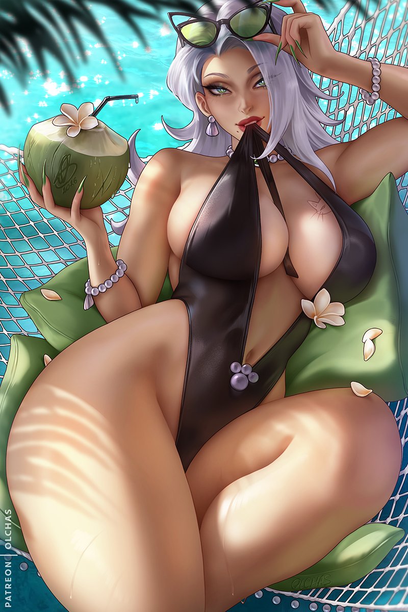 1girls, 2026, 2d, alternate version available, beach, big ass, big breasts, black cat (coastal cat), black cat (marvel rivals), black cat (marvel), cleavage, clothed, coconut, curvy, felicia hardy, female, female only, fully clothed, marvel, marvel rivals, olchas, sideboob, solo, solo female, spider-man (series), thick thighs, thighs, voluptuous, voluptuous female, white hair