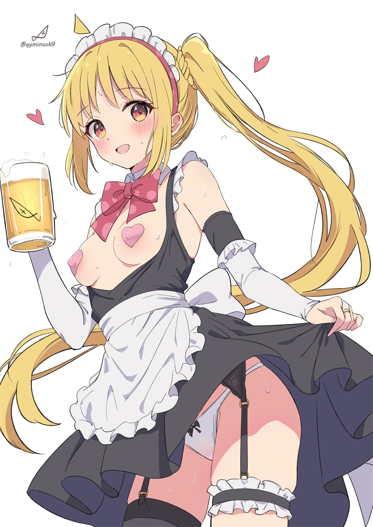1girls, 2d, 2d (artwork), 2d artwork, ahoge, anime, anime character, armwear, asian, asian female, asian girl, background, beer, below view, black garter straps, black legwear, black stockings, black thigh highs, black thighhighs, blonde, blonde female, blonde hair, blonde hair female, blonde-haired female, blush face, blushing, blushing at viewer, blushing female, bocchi the rock!, bottomwear, bottomwear aside, bottomwear lift, breastless clothes, breasts, breasts apart, breasts out, cloverworks, color, colored, cowboy shot, digital, digital art, digital drawing, digital drawing (artwork), digital media, digital media (artwork), down angle, drawing, elbows, erect nipples under pasties, exposed, eyebrows visible through hair, fanart, female, female focus, female only, female protagonist, fingers, flushed, flushed cheeks, flushed face, frilled armwear, from below, from below view, from front, front view, garter straps, groin, half naked, half nude, heart pasties, heart-shaped pasties, high school student, ijichi nijika, inframammary fold, inguinal crease, inguinal ligament, japanese, japanese female, japanese girl, lean figure, legwear, long hair, looking at viewer, low angle, low angle view, low-angle shot, low-angle view, maid, maid apron, maid cap, maid dress, maid headdress, maid outfit, maid uniform, main character, manga character, monotone background, naked, naked female, naked woman, narrow waist, nipple bulge, nipple pasties, nude, nude female, nudity, one color background, open mouth, open mouth smile, orange eyes, orange-eyed female, panties, parted lips, partially naked, partially naked female, partially nude, partially nude female, partially undressed, pasties, petite, petite body, petite breasts, petite female, petite girl, petite tits, pink pasties, plain background, ponytail, portrait, posing, posing for the viewer, posing naked, posing nude, protagonist, qyminusk9, ribbon panties, school girl, semi nude, shoulders, side ponytail, sideboob, sidelocks, skirt, skirt aside, skirt lift, skirt up, slender body, slender waist, slim female, slim waist, small boobs, small breasts, small tits, smile, smiley face, smiling, smiling at viewer, solid color background, solo, standing, stockings, teen girl, teenage girl, teenager, thigh highs, thighhighs, thighs, tiny breasts, tiny tits, tongue, top view, under view, underboob, underwear, upper body, whit background, white armwear, white bottomwear, white panties, white underwear, yellow hair, yellow-haired female, young female, young woman