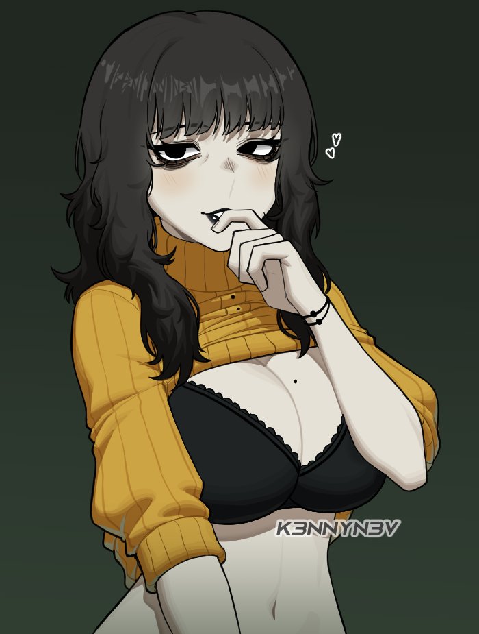 big breasts, black bra, black hair, breasts, k3nnyn3v, milf, rosemary walten, sweater, sweater lift, the walten files