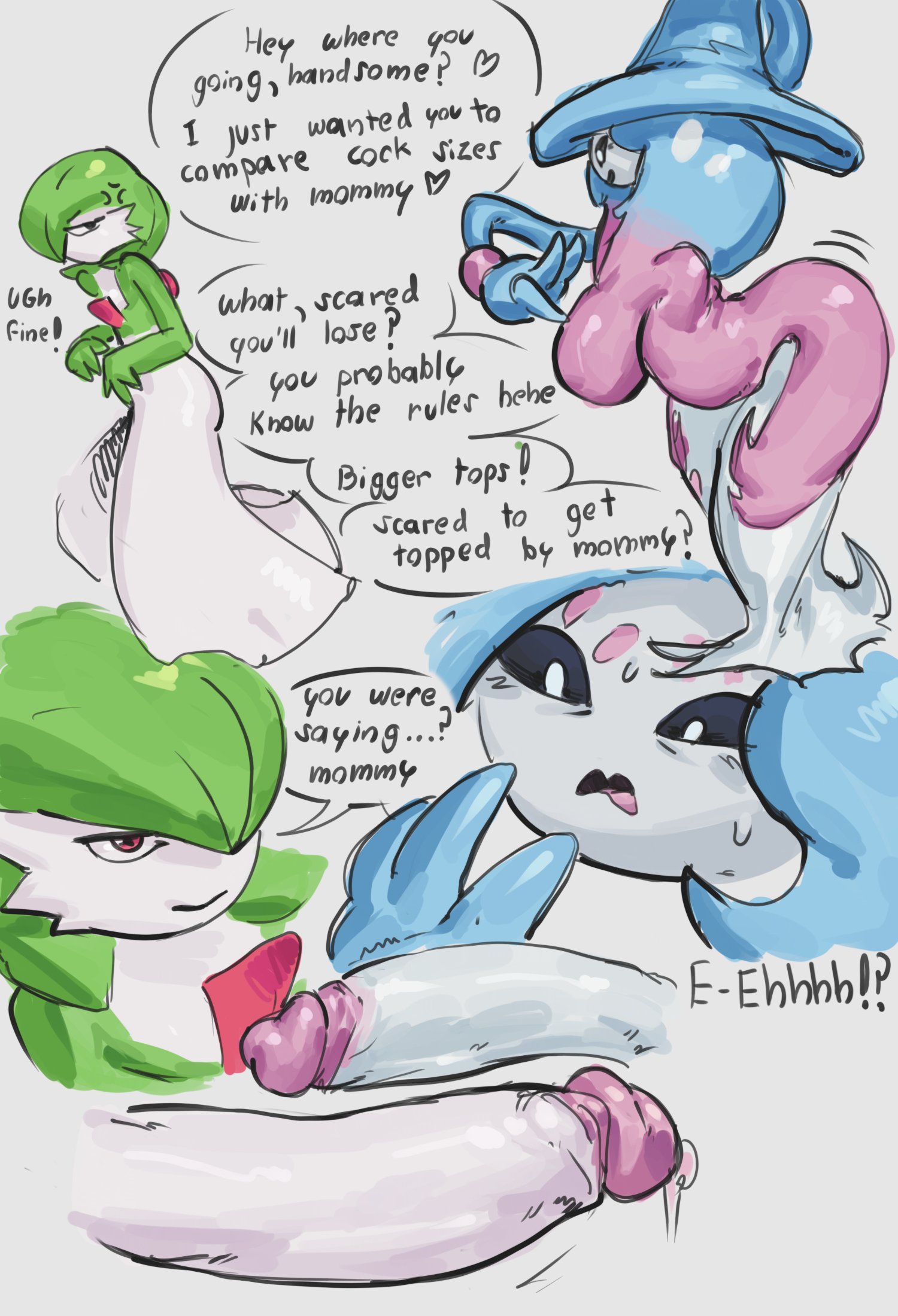 1boy, 1futa, big breasts, comic, dialogue, fasstart, femboy, futa, futa is smaller, futanari, gardevoir, hatterene, huge cock, hung femboy, hung trap, large breasts, male, male gardevoir, male on futa, penis, penis size difference, pokemon, pokemon (species), text